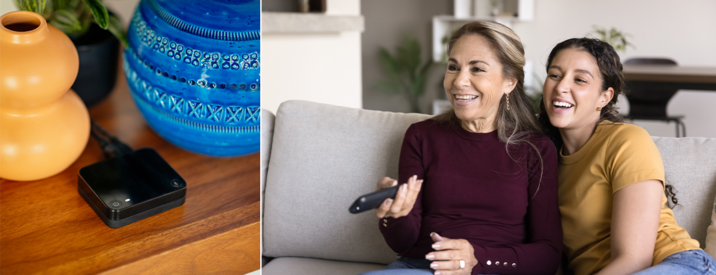 Image of a TV Streamer beside an image of a mother holding a TV remote while laughing beside her adult daughter